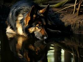 Dog and its reflection in a calm pond AI Generative photo