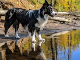 Dog and its reflection in a calm pond AI Generative photo