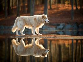 Dog and its reflection in a calm pond AI Generative photo