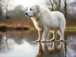 perro y sus reflexión en un calma estanque ai generativo foto