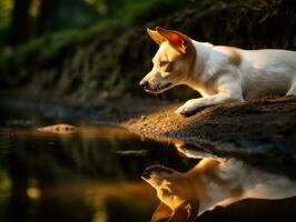 Dog and its reflection in a calm pond AI Generative photo