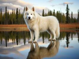 perro y sus reflexión en un calma estanque ai generativo foto