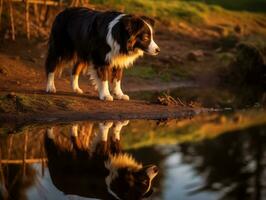 Dog and its reflection in a calm pond AI Generative photo