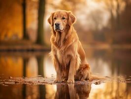 Dog and its reflection in a calm pond AI Generative photo
