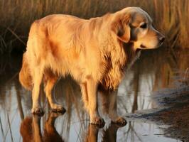 Dog and its reflection in a calm pond AI Generative photo