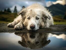 perro y sus reflexión en un calma estanque ai generativo foto