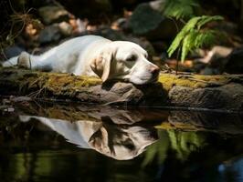 Dog and its reflection in a calm pond AI Generative photo