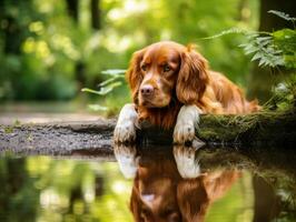 perro y sus reflexión en un calma estanque ai generativo foto