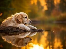 Dog and its reflection in a calm pond AI Generative photo