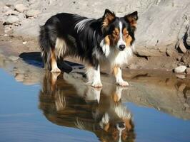 Dog and its reflection in a calm pond AI Generative photo
