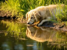 Dog and its reflection in a calm pond AI Generative photo