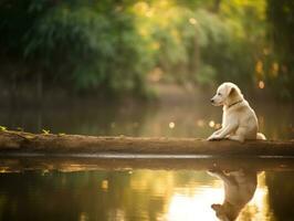Dog and its reflection in a calm pond AI Generative photo