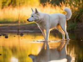 Dog and its reflection in a calm pond AI Generative photo