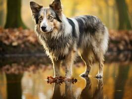 Dog and its reflection in a calm pond AI Generative photo