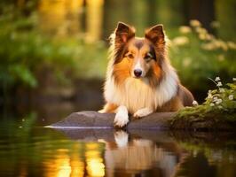 Dog and its reflection in a calm pond AI Generative photo