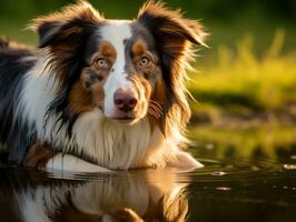 Dog and its reflection in a calm pond AI Generative photo