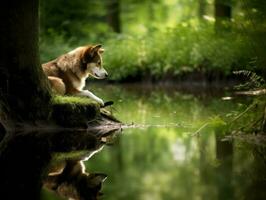 Dog and its reflection in a calm pond AI Generative photo