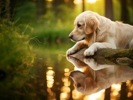 Dog and its reflection in a calm pond AI Generative photo