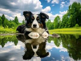 Dog and its reflection in a calm pond AI Generative photo