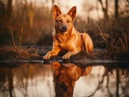 Dog and its reflection in a calm pond AI Generative photo