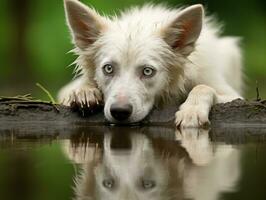 perro y sus reflexión en un calma estanque ai generativo foto