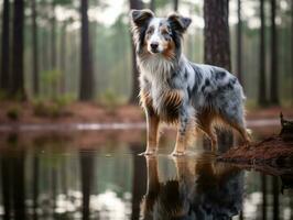 Dog and its reflection in a calm pond AI Generative photo