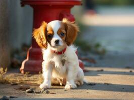 Cute puppy sitting by a fire hydrant AI Generative photo