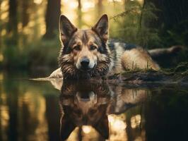 perro y sus reflexión en un calma estanque ai generativo foto