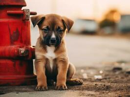 Cute puppy sitting by a fire hydrant AI Generative photo