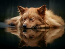 perro y sus reflexión en un calma estanque ai generativo foto