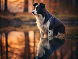 perro y sus reflexión en un calma estanque ai generativo foto