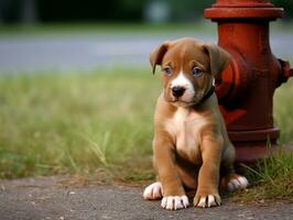 Cute puppy sitting by a fire hydrant AI Generative photo