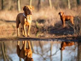 perro y sus reflexión en un calma estanque ai generativo foto