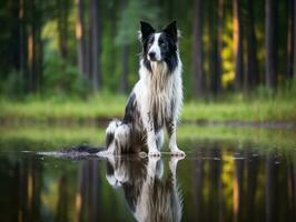 Dog and its reflection in a calm pond AI Generative photo