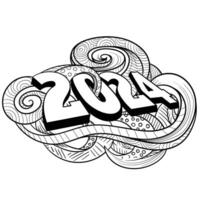 Typography number of 2024 with floral doodle art template design in black and white concept vector