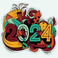 tipografía número de 2024 con nuevo año fiesta íconos en vistoso diseño para nuevo año celebracion vector