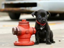 Cute puppy sitting by a fire hydrant AI Generative photo