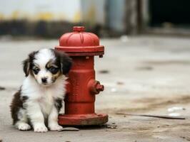 Cute puppy sitting by a fire hydrant AI Generative photo