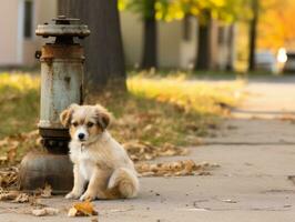 Cute puppy sitting by a fire hydrant AI Generative photo