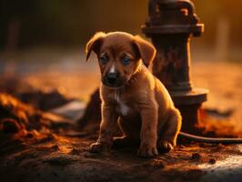 Cute puppy sitting by a fire hydrant AI Generative photo