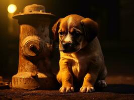 Cute puppy sitting by a fire hydrant AI Generative photo