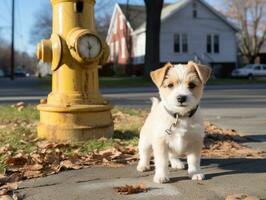 Cute puppy sitting by a fire hydrant AI Generative photo