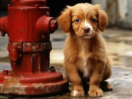 Cute puppy sitting by a fire hydrant AI Generative photo
