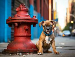 Cute puppy sitting by a fire hydrant AI Generative photo