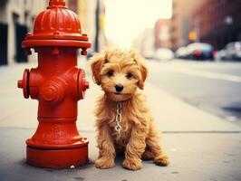 Cute puppy sitting by a fire hydrant AI Generative photo