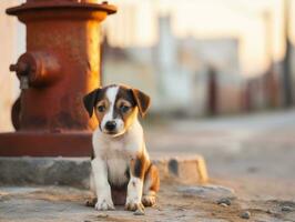 Cute puppy sitting by a fire hydrant AI Generative photo