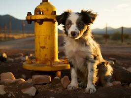 Cute puppy sitting by a fire hydrant AI Generative photo