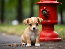 Cute puppy sitting by a fire hydrant AI Generative photo