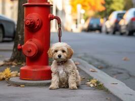 Cute puppy sitting by a fire hydrant AI Generative photo