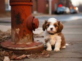 Cute puppy sitting by a fire hydrant AI Generative photo